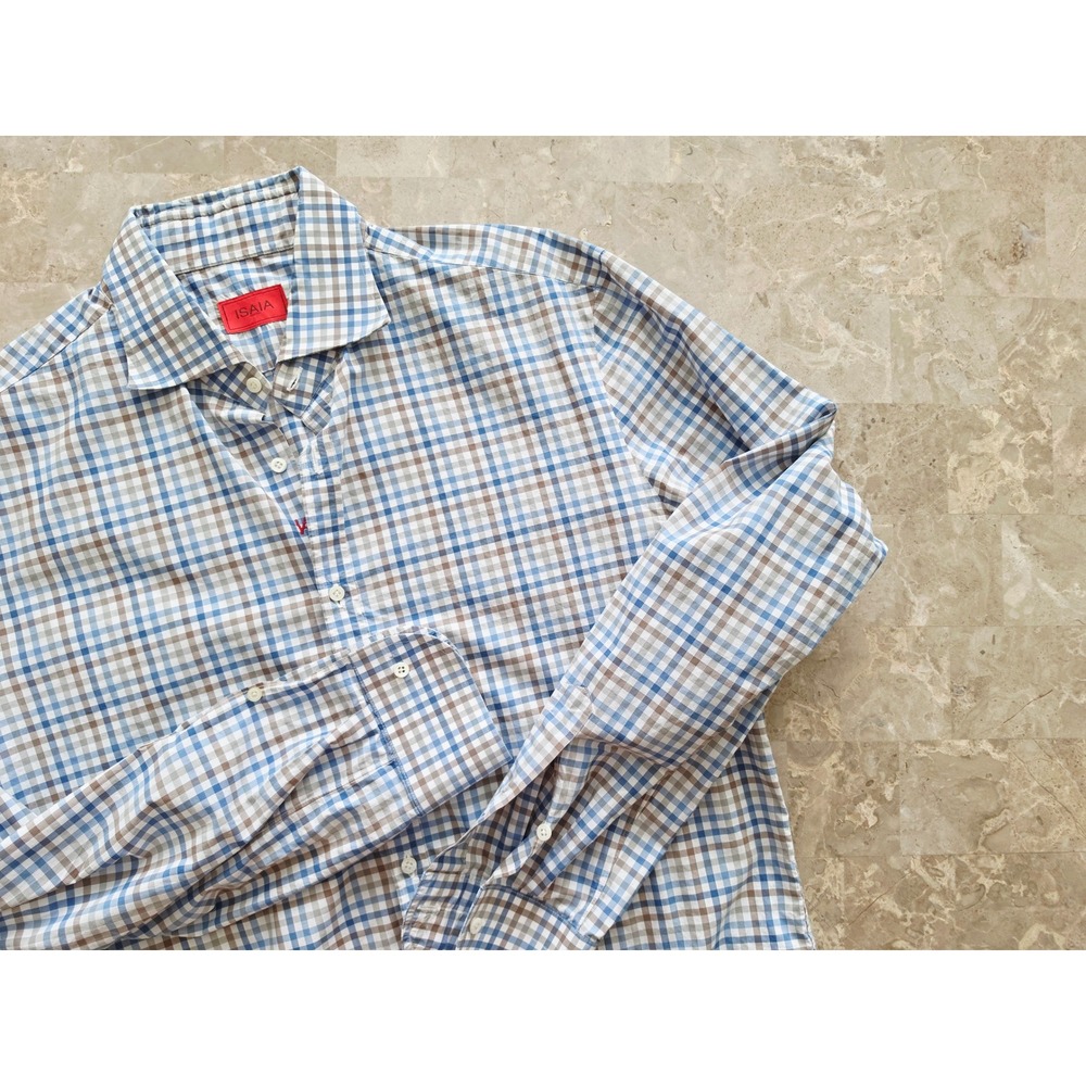 Isaia Napoli Mens 16.5 42 Blue Brown Check Cotton Button Down Shirt‎ Made Italy - Picture 2 of 11